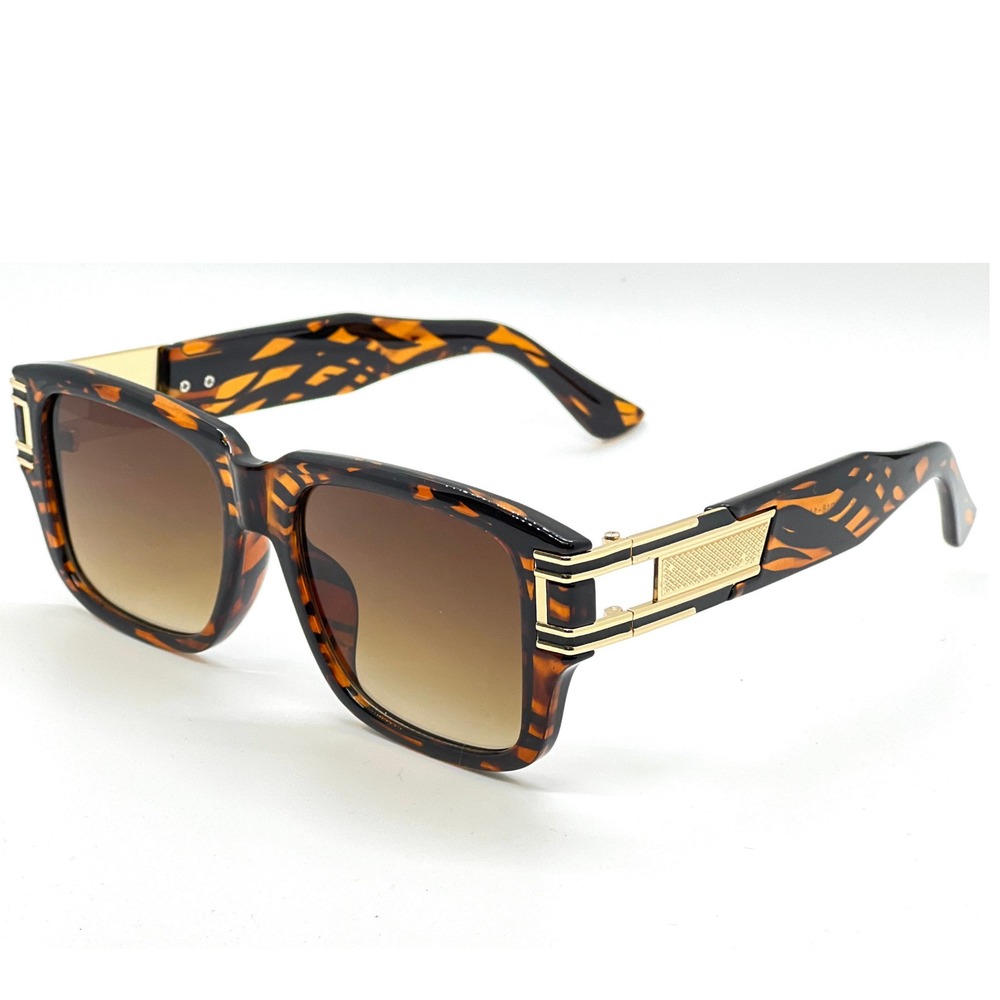 Square Frame Sunglasses Tortoise Brown Lens Gold Accent Men Hip Hop Shades Gafas